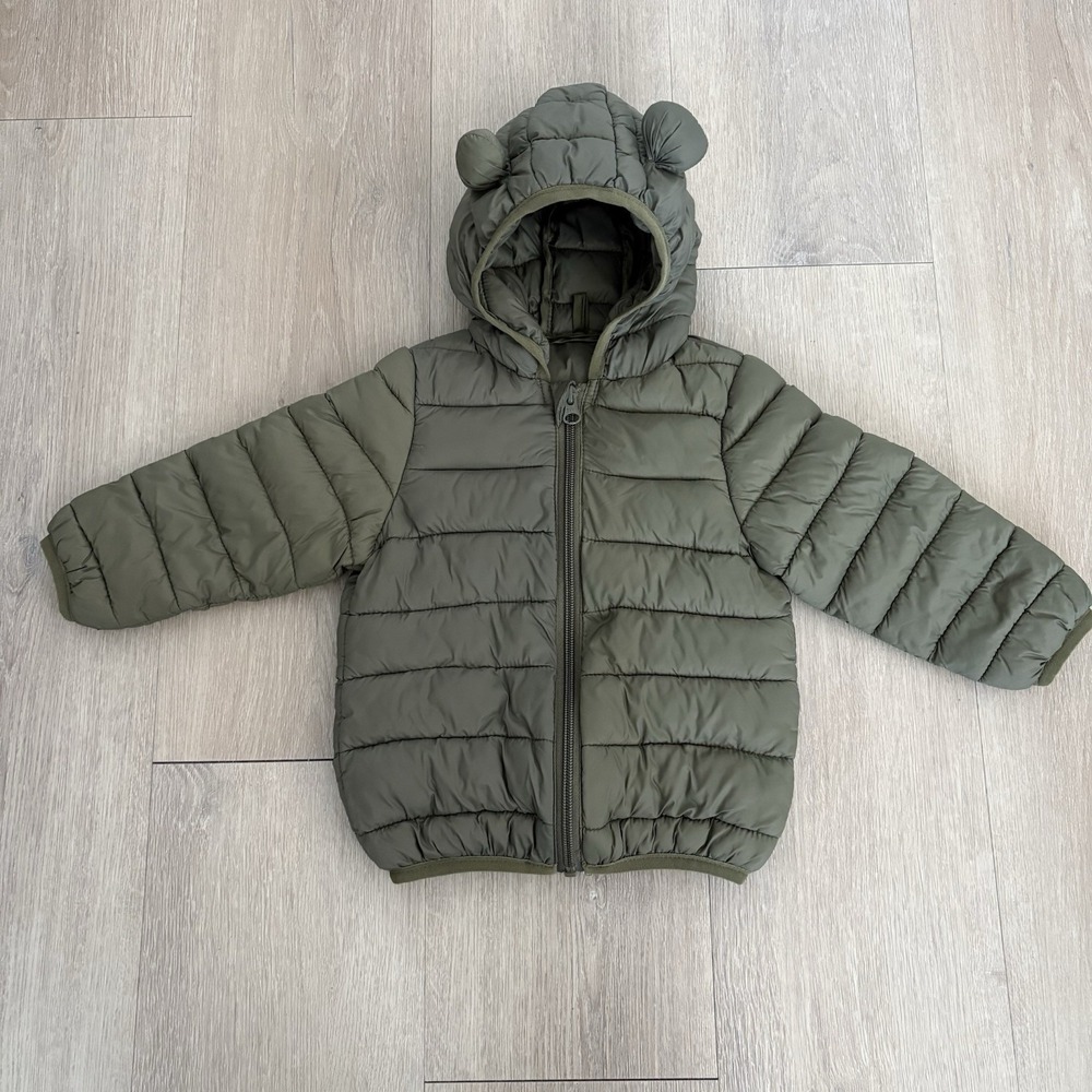 Baby Boy Bear Ear Puff Coat 12-18 Months Olive Green Minimalist Lightweight Warm